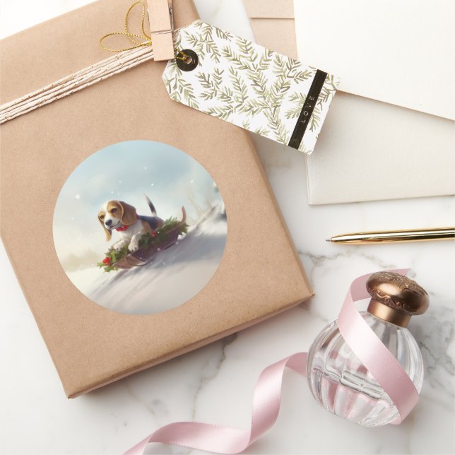 Sticker Rond Noël Beagle neige hiver (Cadeaux)