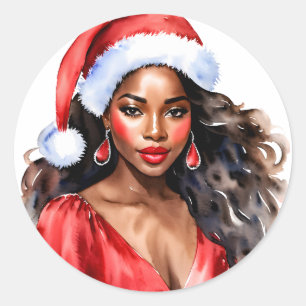 Sticker Rond Noël belle femme noire Santa Hat