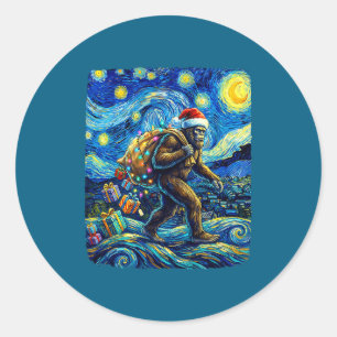 Sticker Rond Noël Bigfoot Chapeau de Père Noël Van Gogh Nuit ét