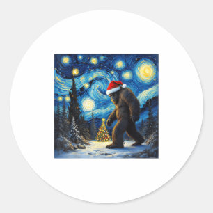 Sticker Rond Noël Bigfoot Santa Hat Van Gogh Starry Nuit