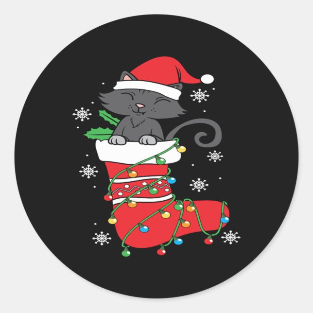 Sticker Rond Noël Black Cat Stockings Cadeau Cool de vacances (Devant)