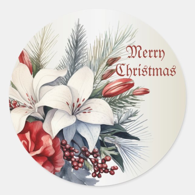 Sticker Rond Noël Blanc Fleurs Rouges Vacances Élégant (Devant)