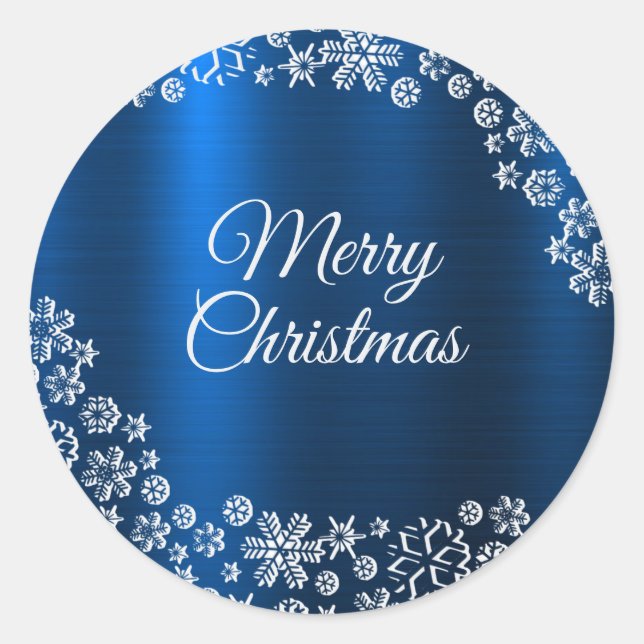 Sticker Rond Noël Blanc Snowflakes Marine Bleu Classic Roun (Devant)
