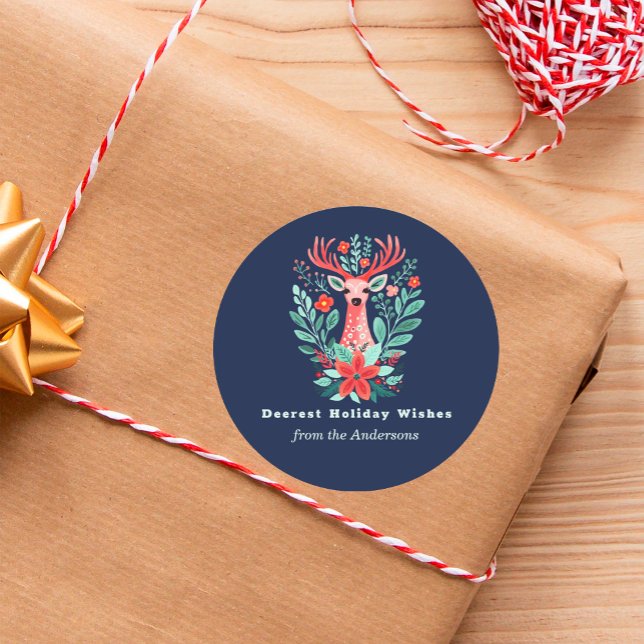 Sticker Rond Noël Blue Reinder Floral Vacances (Créateur téléchargé)