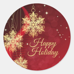 Sticker Rond Noël cadeau Red Golden Snowflakes Holiday