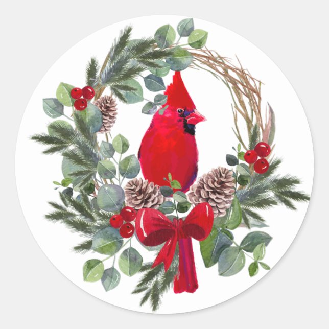 Sticker Rond Noël Cardinal Oiseau Rouge Aquarelle Nature Art (Devant)