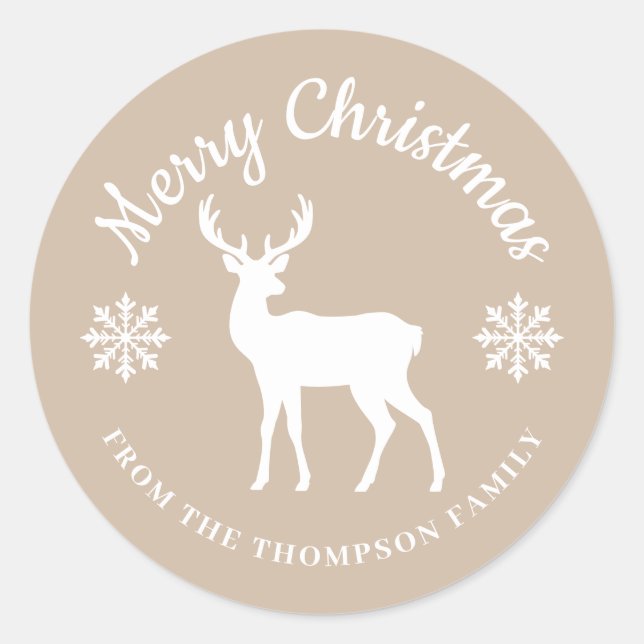 Sticker Rond Noël Cerf Beige Et Blanc Et Flocons (Devant)