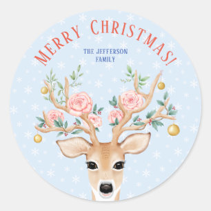 Sticker Rond Noël Cerf Holly Floral Antler Aquarelle Neige