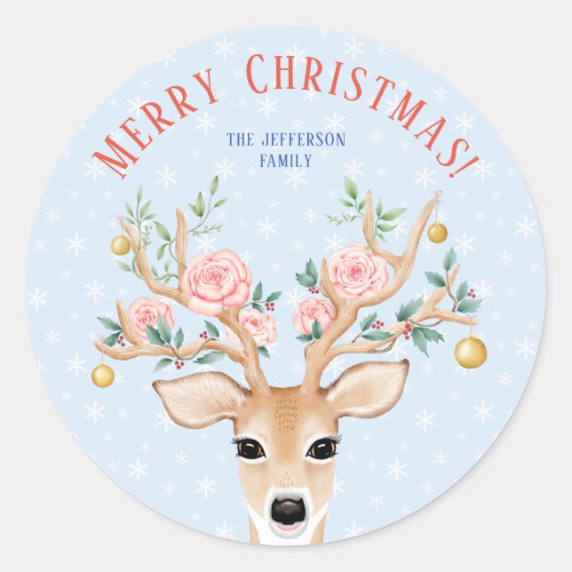Sticker Rond Noël Cerf Holly Floral Antler Aquarelle Neige (Devant)
