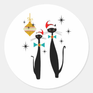 Sticker Rond Noël Chat Cool Rétro Moderne du Milieu du Siècle