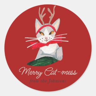 Sticker Rond Noël Chat renne Vacances Rouge