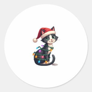 Sticker Rond Noël Chat Tuxedo chat noir xmas lumières kitty c