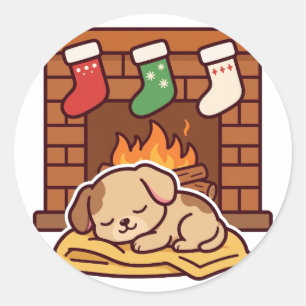 Sticker Rond Noël Chiots au Cheminée