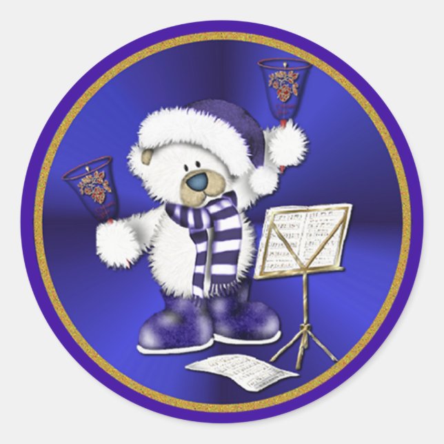 Sticker Rond Noël cloches ours bleu et or (Devant)