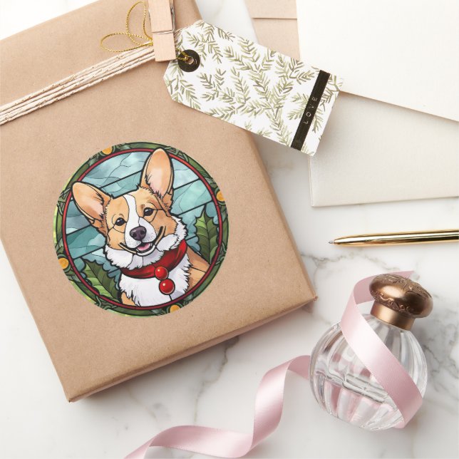Sticker Rond Noël Corgi en verre tendu (Cadeaux)