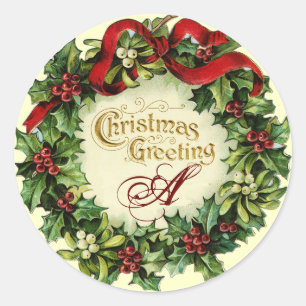STICKER ROND NOËL COURONNE AVEC MISTLETOES ET BERRIES SAINES