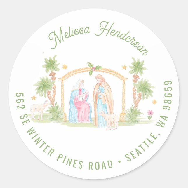 Sticker Rond Noël Crèche Pastel | Adresse (Devant)