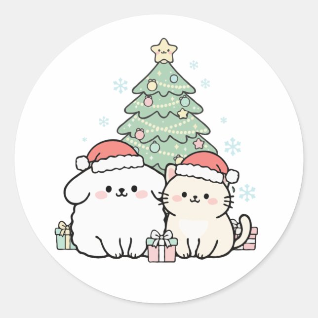 Sticker Rond Noël Cute Kawaii Fête Chat & Chien Fête (Devant)