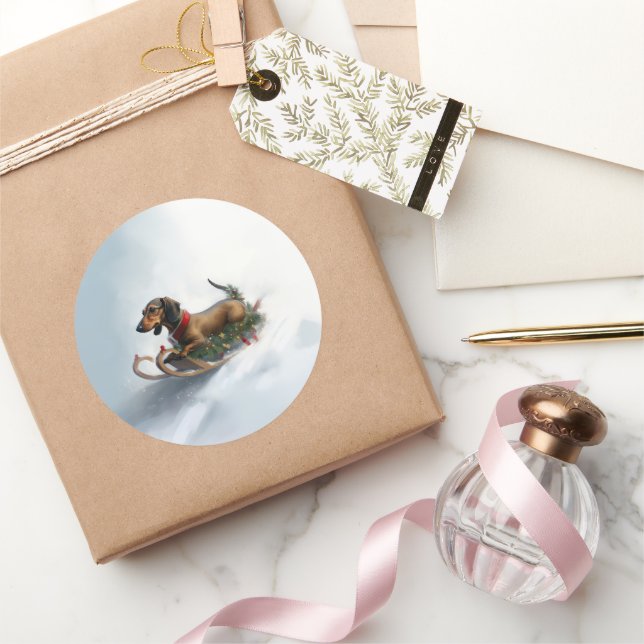 Sticker Rond Noël Dachshund neige hiver (Cadeaux)