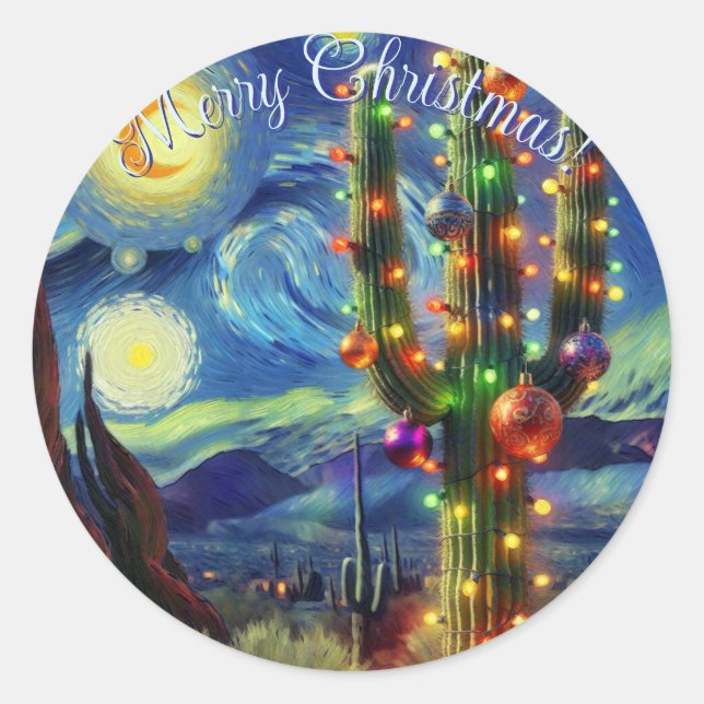 Sticker Rond Noël dans le désert Saguaro Cactus Bleu Vert (Devant)