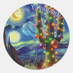 Sticker Rond Noël dans le désert Saguaro Cactus Bleu Vert