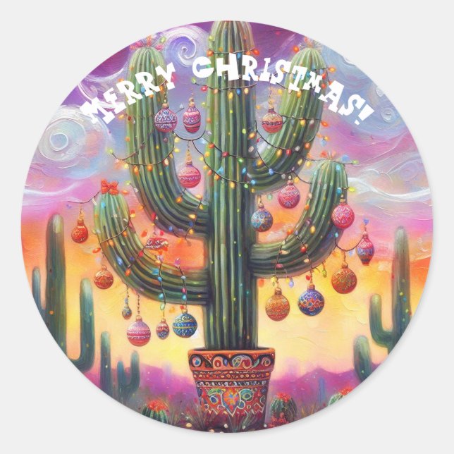 Sticker Rond Noël dans le désert Sud-Ouest Saguaro Cactus (Devant)