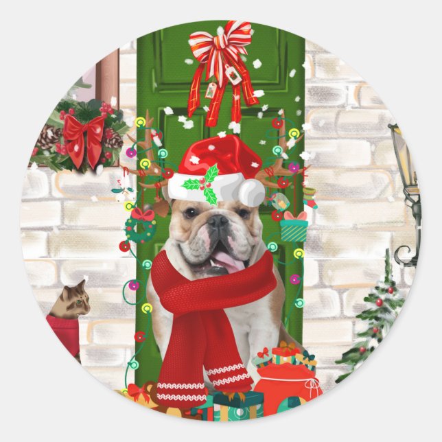 Sticker Rond Noël de Bulldog anglais (Devant)