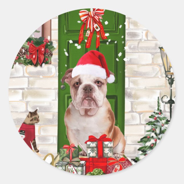 Sticker Rond Noël de Bulldog anglais (Devant)
