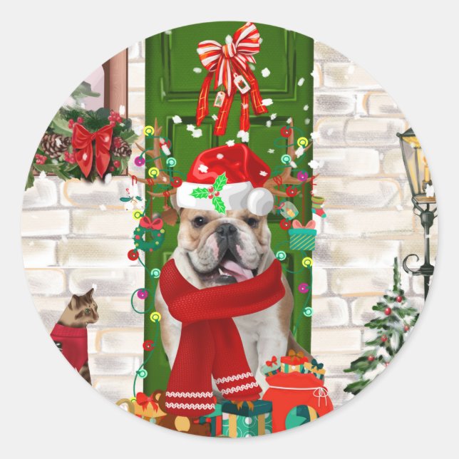 Sticker Rond Noël de Bulldog anglais (Devant)