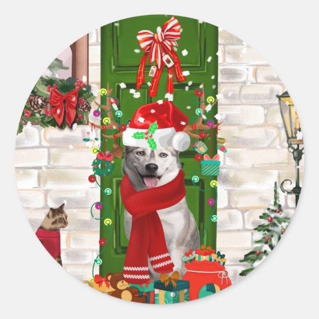 Sticker Rond Noël de Chien Husky Sibérien (Devant)