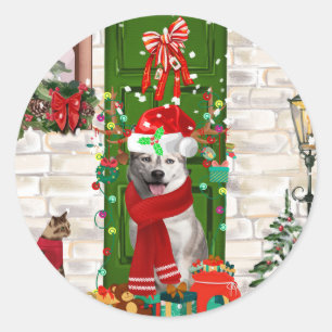 Sticker Rond Noël de Chien Husky Sibérien