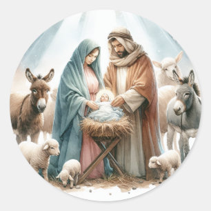 Sticker Rond Noël de la Nativité à l'aquarelle