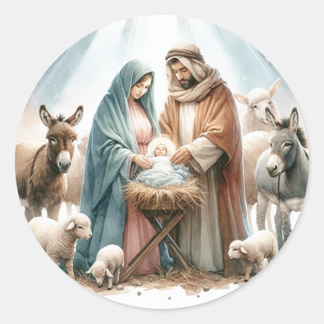 Sticker Rond Noël de la Nativité à l'aquarelle (Devant)