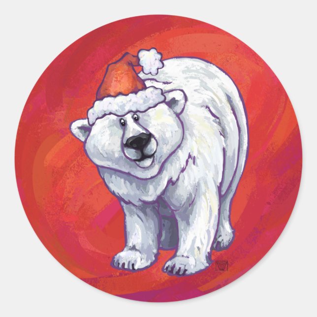 Sticker Rond Noël de l'ours polaire sur le rouge (Devant)