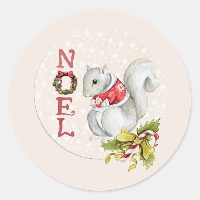 Sticker Rond Noel de Noël Aquarelle Design écureuil (Devant)