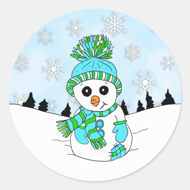 Sticker Rond Noël de Noël de l'homme de neige bleu mignon et de (Devant)