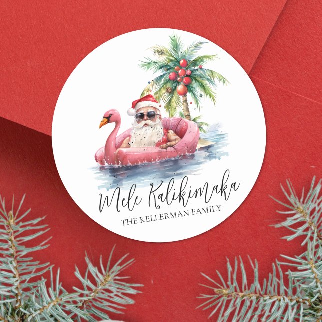 Sticker Rond Noël de plage Mele Kalikimaka (Santa Tropical Beach Mele Kalikimaka Christmas Classic Round Sticker )