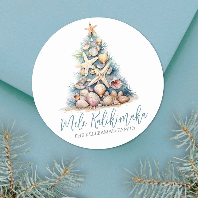 Sticker Rond Noël de plage Mele Kalikimaka (Christmas Tree Beach Mele Kalikimaka Classic Round Sticker )