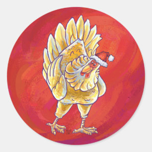 Sticker Rond Noël de poulet en rouge