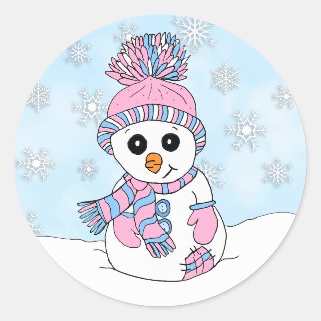 Sticker Rond Noël de Snowman et de Snowflake rose et bleu (Devant)