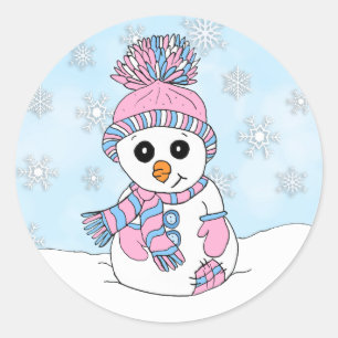 Sticker Rond Noël de Snowman et de Snowflake rose et bleu