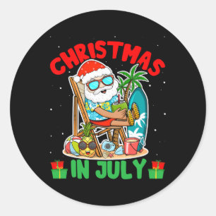 Sticker Rond Noël d'été en juillet - Père Noël tropical en surf