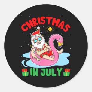 Sticker Rond Noël d'été en juillet - Santa tropical surfant 