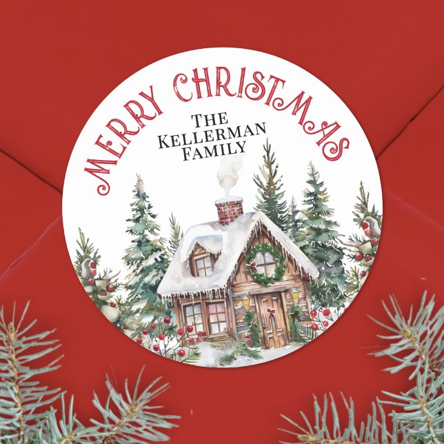 Sticker Rond Noël d'Hiver Festif (Festive Winter Watercolor Christmas Classic Round Sticker)