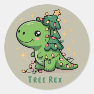 Sticker Rond Noël Dinosaure Fête Lumière Drôle Arbre Rex