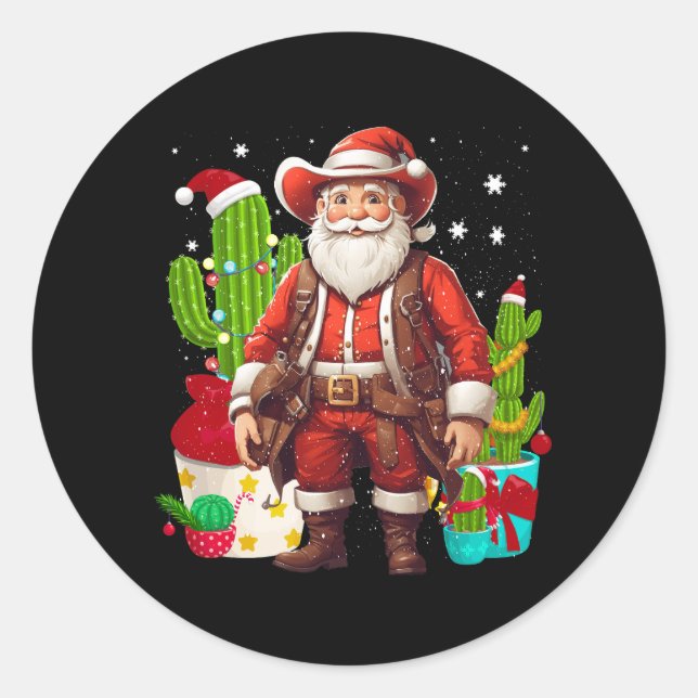 Sticker Rond Noël Drôle Cowboy Occidental Père Noël Et Peuvent (Devant)