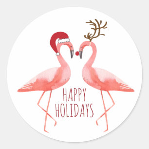 Sticker Rond Noël drôle flamants roses couple père Noël et rudo