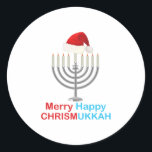 Sticker Rond Noël drôle Hanoukka Santa Hat Menorah<br><div class="desc">Noël drôle Hanoukka Santa Hat Menorah</div>