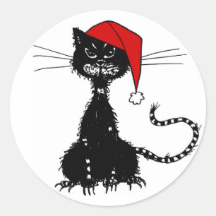 Sticker Rond Noël du chat noir malin