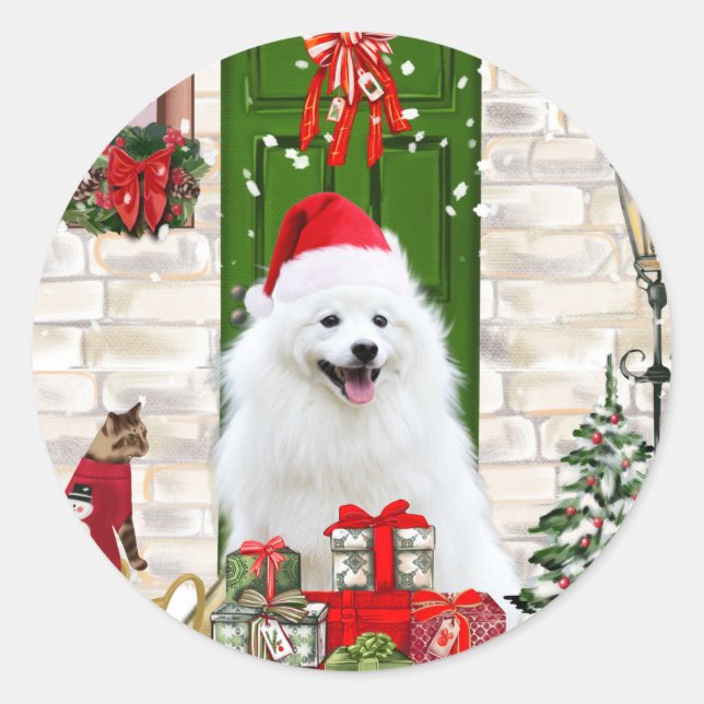 Sticker Rond Noël du Chien de Spitz (Devant)